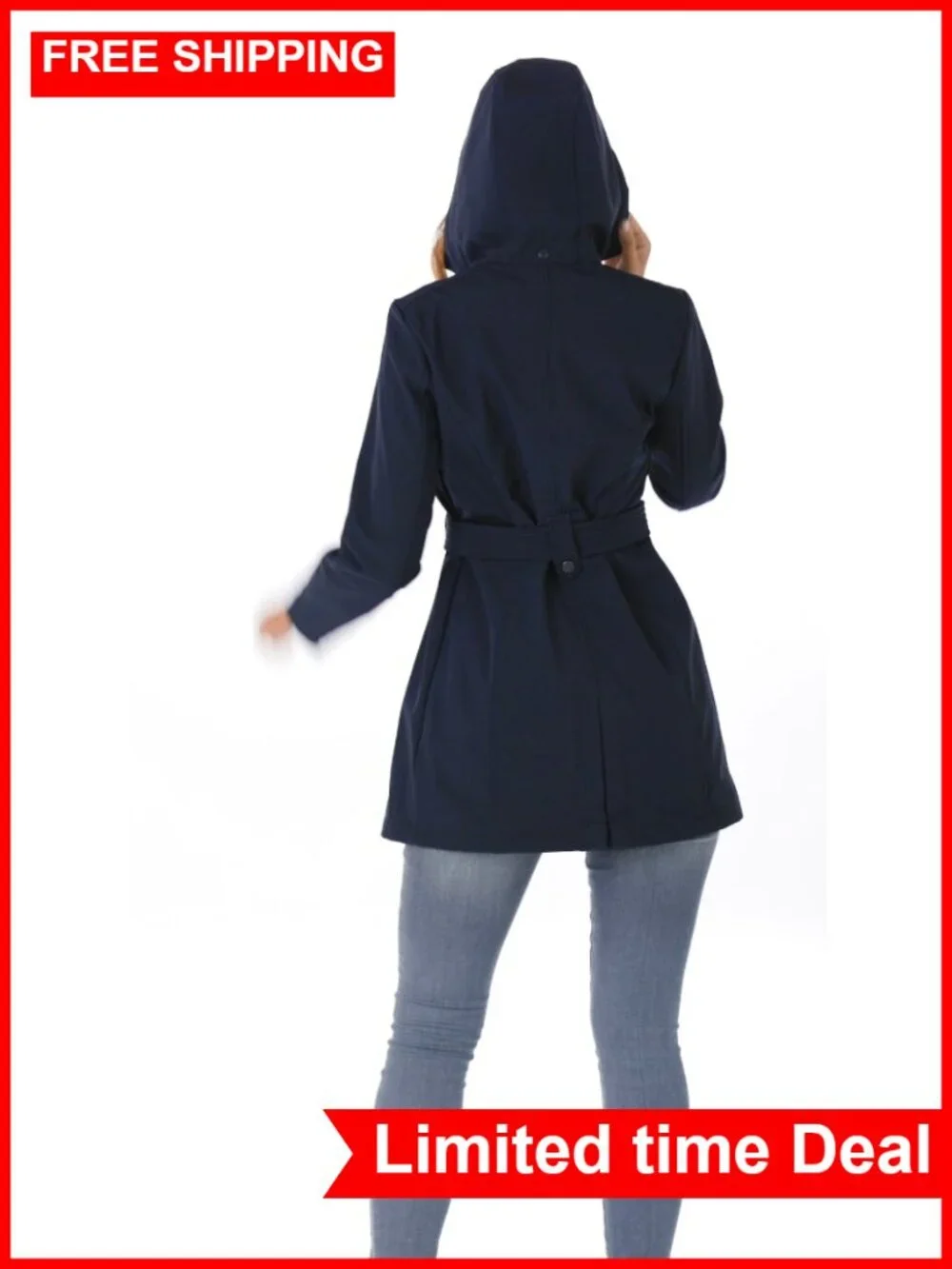 Soft Shell Trench Coat Detachable Hood Double Breasted Belted Women's